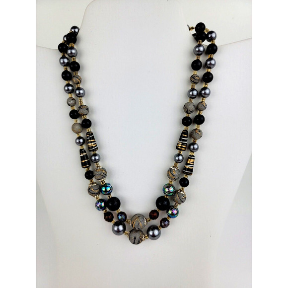 Necklace 2 Strand Black Gray Silver Design Beaded Vintage Marked Japan 13 15 in - Picture 4 of 11